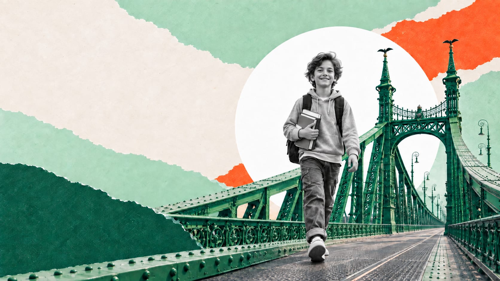 A learner walking across a green bridge