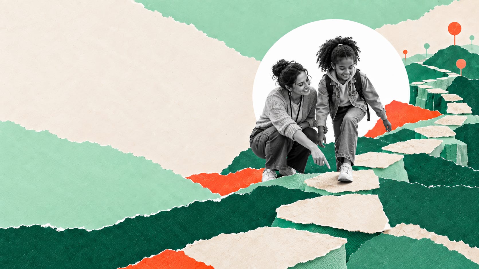 An educator helping a learner follow a path of stepping stones