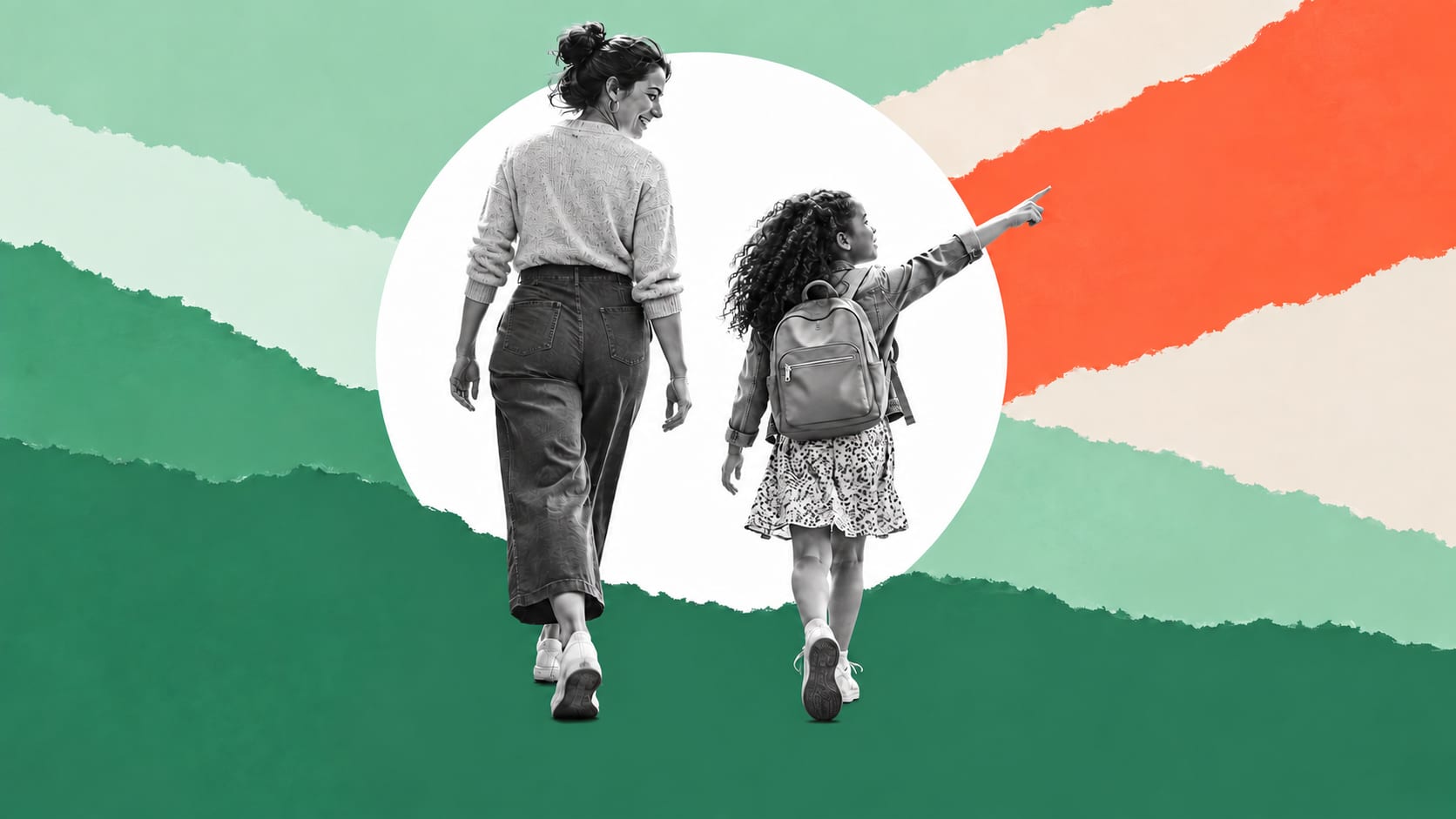 An educator and learner walking together, with the learner pointing toward the path ahead